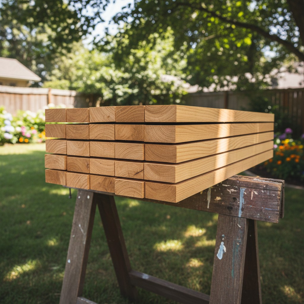 Stacked wooden planks sit atop a wooden sawhorse in a fenced backyard with a grassy area and lush green trees in the backg...