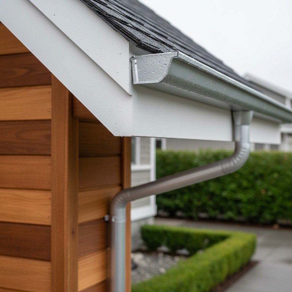 The rain drain runs down past the building and florets bushes. The photo shows the downspouts and eves in rain. The buildi...
