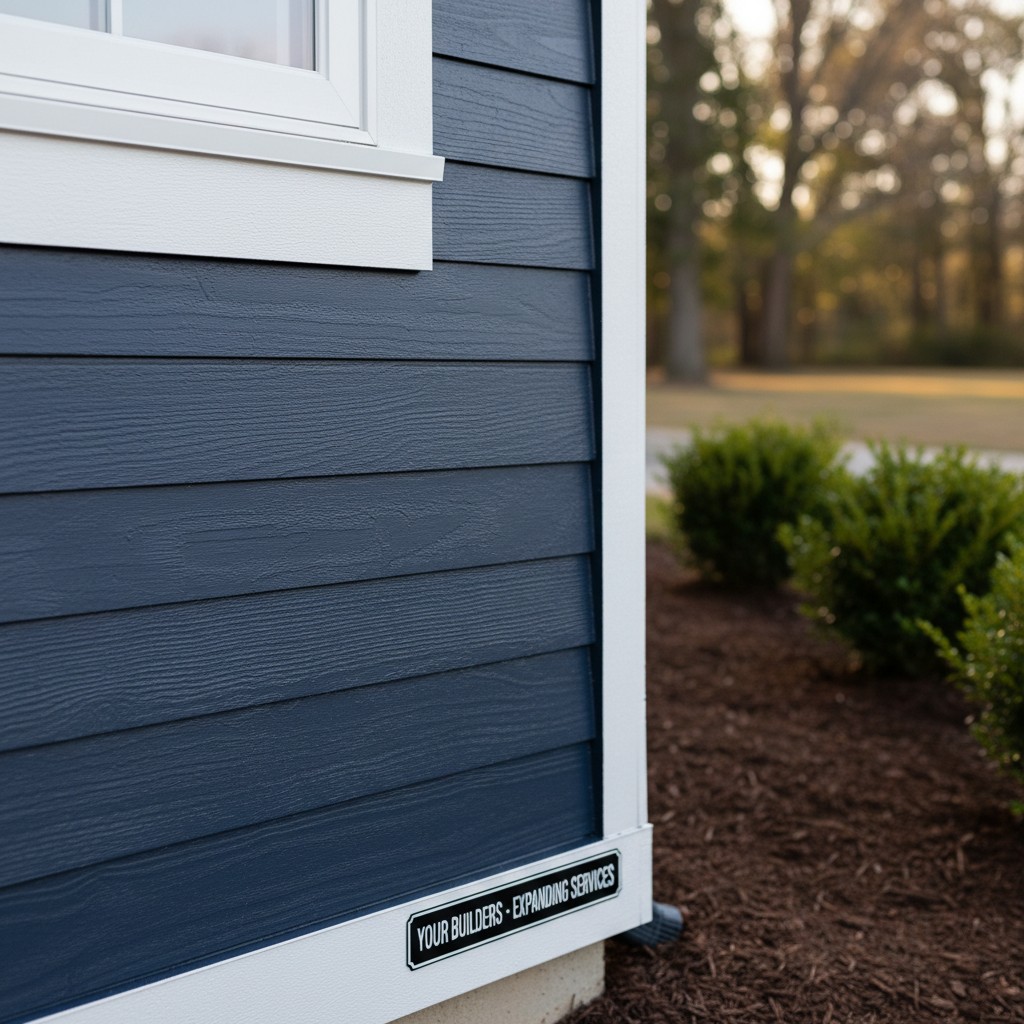 Siding of a house with bushes and trees in the background